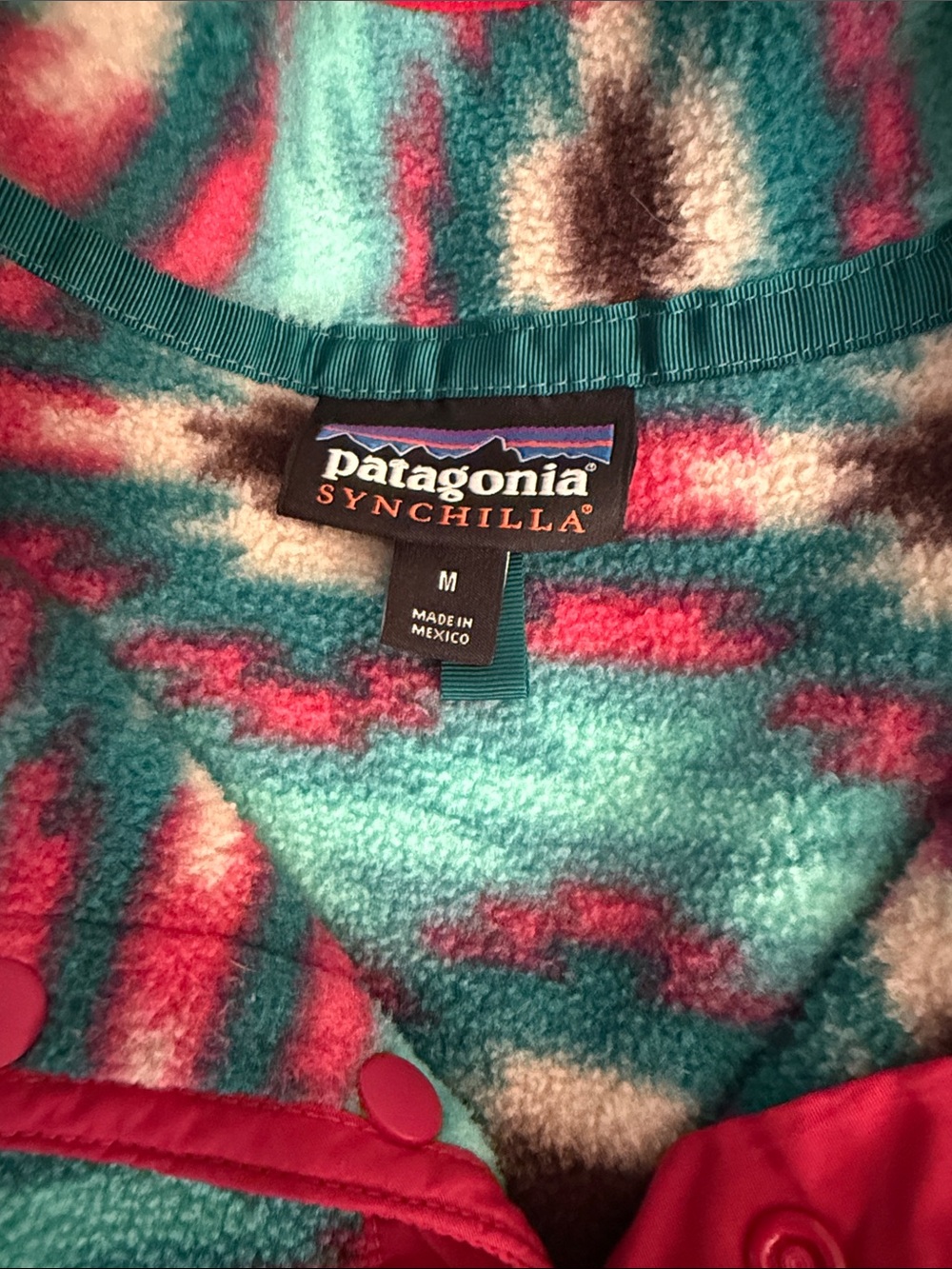 Patagonia Teal and Pink Patterned Snap Pullover - Picture 2 of 7